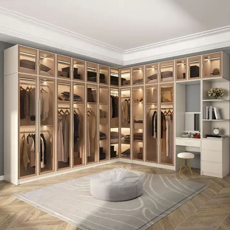 WISH Luxury Design Customized Bedroom furniture Walk-In Portable Wardrobe Glass Door Closet Modern Wooden Wardrobe Room Cabinets