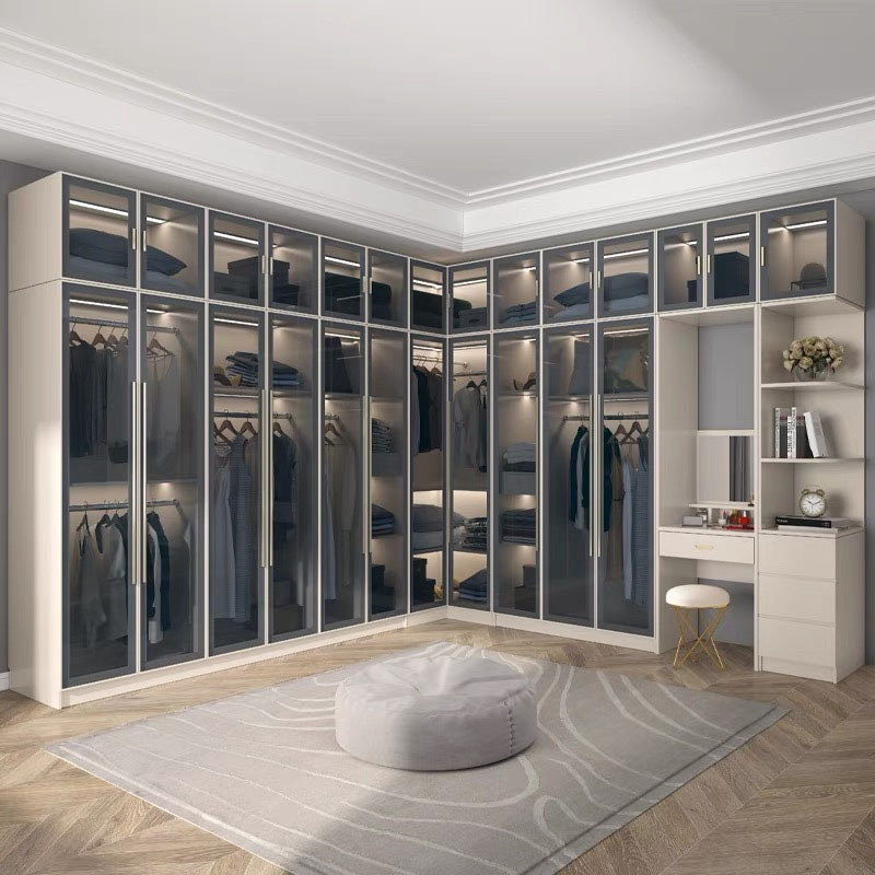 WISH Luxury Design Customized Bedroom furniture Walk-In Portable Wardrobe Glass Door Closet Modern Wooden Wardrobe Room Cabinets