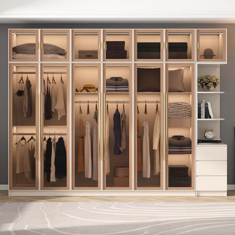 WISH Luxury Design Customized Bedroom furniture Walk-In Portable Wardrobe Glass Door Closet Modern Wooden Wardrobe Room Cabinets