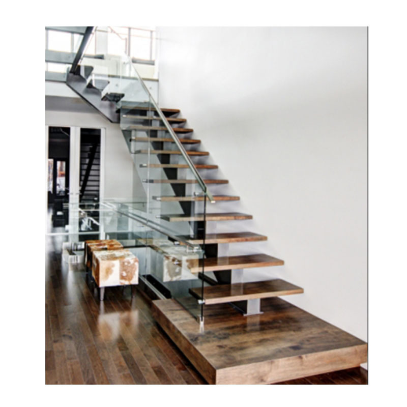 Modern indoor stair floating straight stairs Interior staircase with Wood Tread and Glass Railing