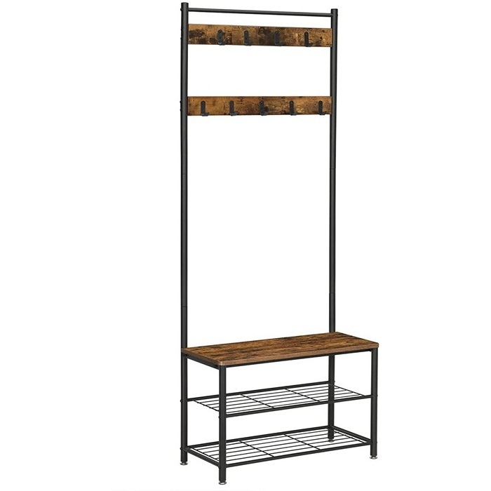 Coat Rack Hall Tree with Shoe Storage Bench Entryway Bench with Shoe Storage 3-in-1Steel Frame Industrial Rustic Brown