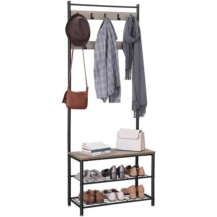 Coat Rack Hall Tree with Shoe Storage Bench Entryway Bench with Shoe Storage 3-in-1Steel Frame Industrial Rustic Brown