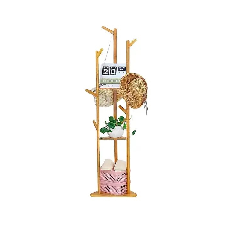 CB094 Freestanding Coat Rack Tree Bamboo Corner Clothes Tree Cloth Hat Rack Stand with Storage 3 Shelves 10 Hooks