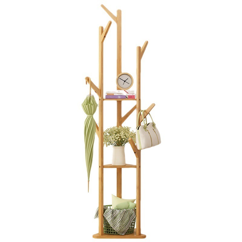 CB094 Freestanding Coat Rack Tree Bamboo Corner Clothes Tree Cloth Hat Rack Stand with Storage 3 Shelves 10 Hooks