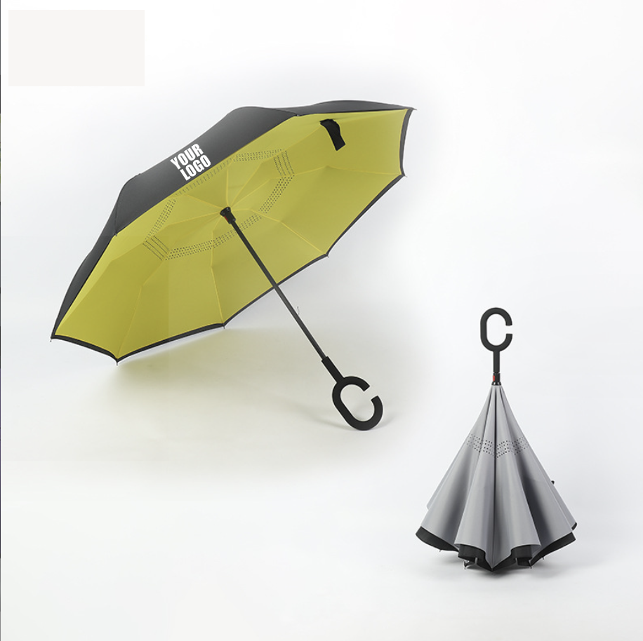 FMU020 Hot Selling New Products Stock Custom Double Layer Inside Out C Shape Handle inverted Reverse Umbrella with logo prints