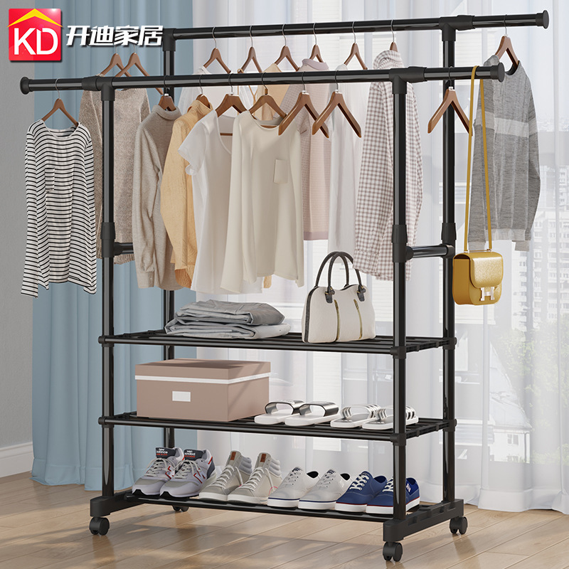 CB025 Double Rod Adjustable Metal Clothes Hanger Stand Storage Shelf With 2-layer Shoe Rack and Four Universal Wheels