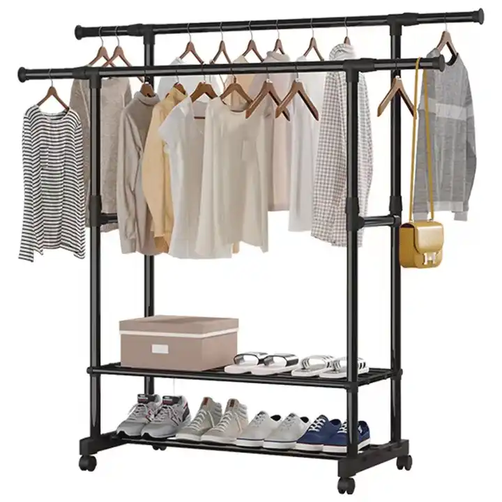 CB025 Double Rod Adjustable Metal Clothes Hanger Stand Storage Shelf With 2-layer Shoe Rack and Four Universal Wheels