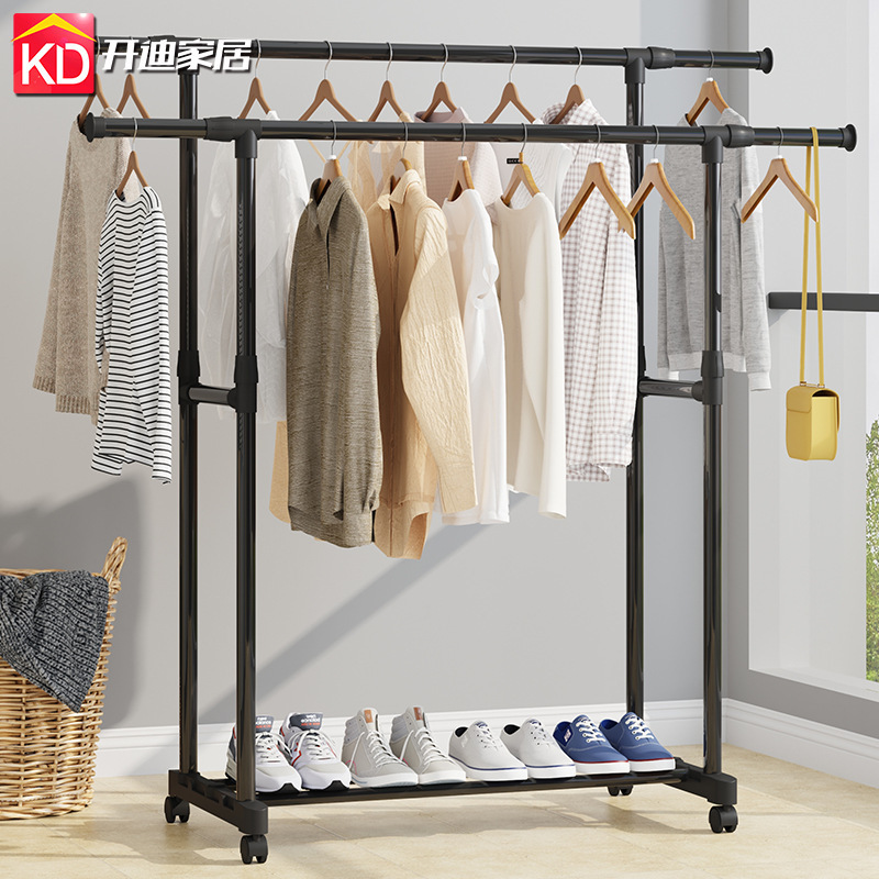 CB025 Double Rod Adjustable Metal Clothes Hanger Stand Storage Shelf With 2-layer Shoe Rack and Four Universal Wheels