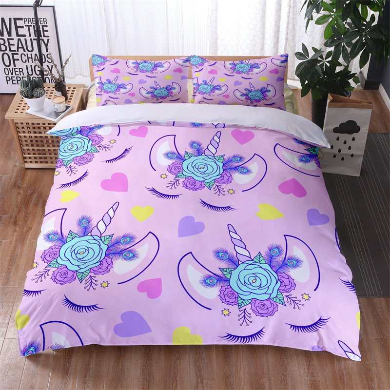 SP152 Printing Cartoon Bedding Kids Girls Cute Unicorn Pattern Duvet Cover 3 Piece Sweet Bed Sets