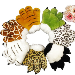 Wholesale Custom 25cm Leopard  Dino Giraffe Paw Soft Forest Animal Mittens Plush Toys Tiger Panda Plush Stuffed Animals