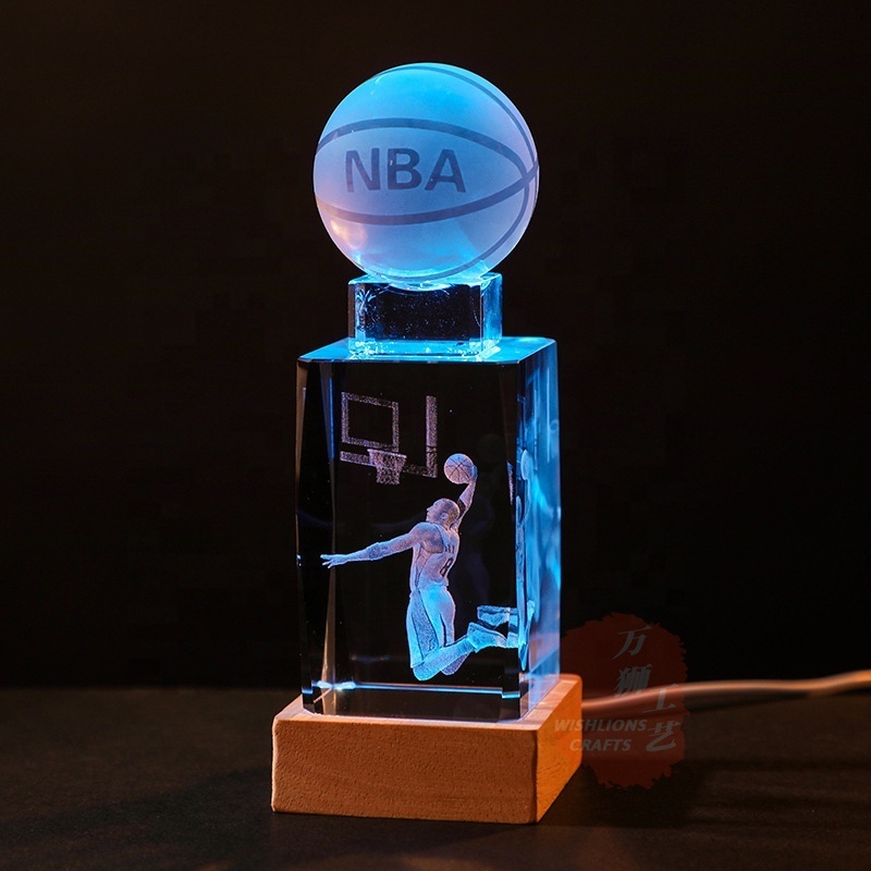 High Quality Blank Crystal Cubes For Engraving Crystal Glass Cube Trophy Award For Basketball With LED or Wooden Base CLB-06K