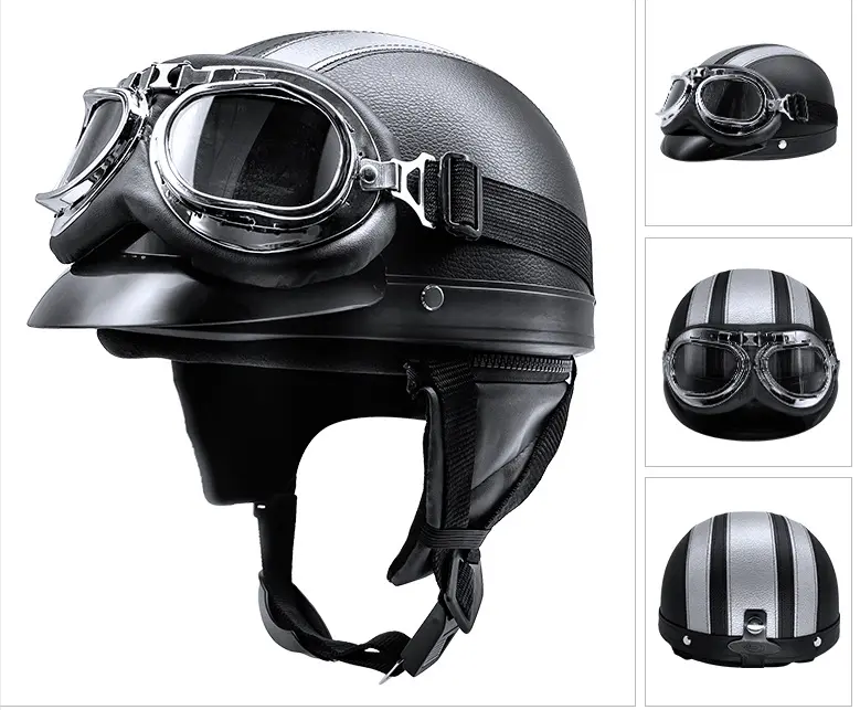 DOT Approved Motorcycle Half Helmet Retro German Handmade Leather Half Face Quick Release Buckle Goggles motorbike helmet