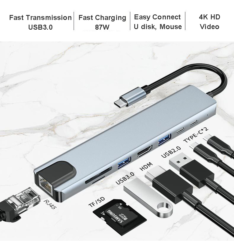 8 in 1 USB C adapter all in one gigabit ethernet rj45 lan 4k 8k hdtv pd vga otg combo data transfer type c 31 usb 30 hub 7