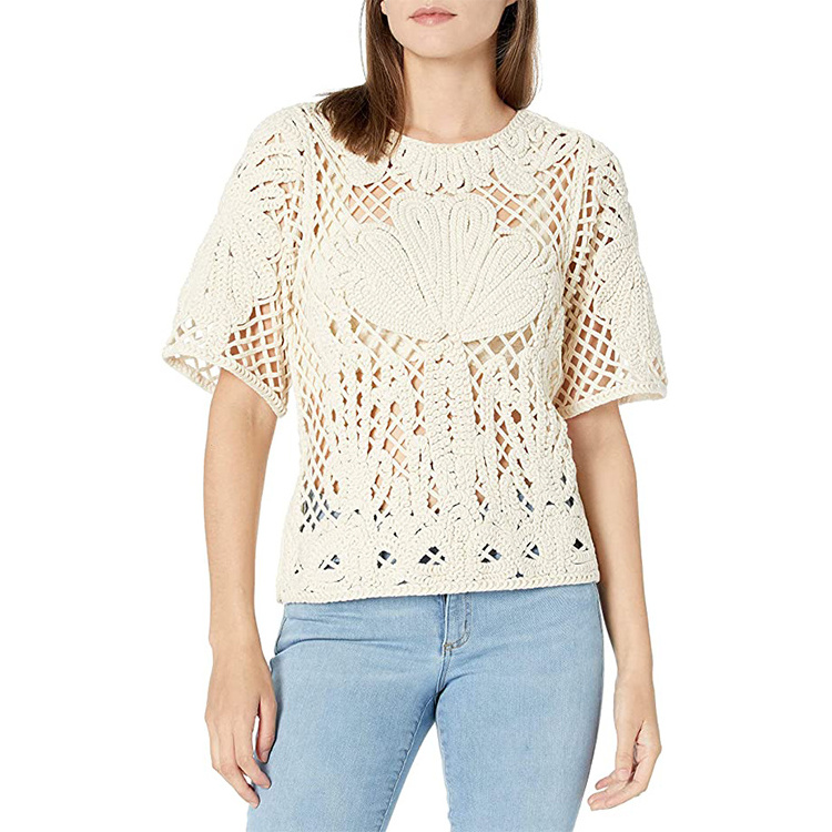 Knitwear manufacturer custom summer crew neck short sleeve crochet pullovers women's sweater