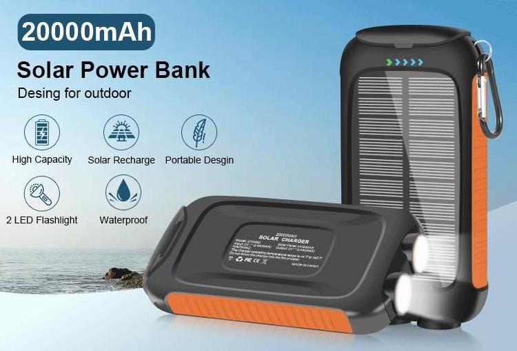 New Solar Power Bank Dual USB Type C Power Bank 20000mAh Waterproof Battery Rechargeable with Solar Panel LED Light SOS