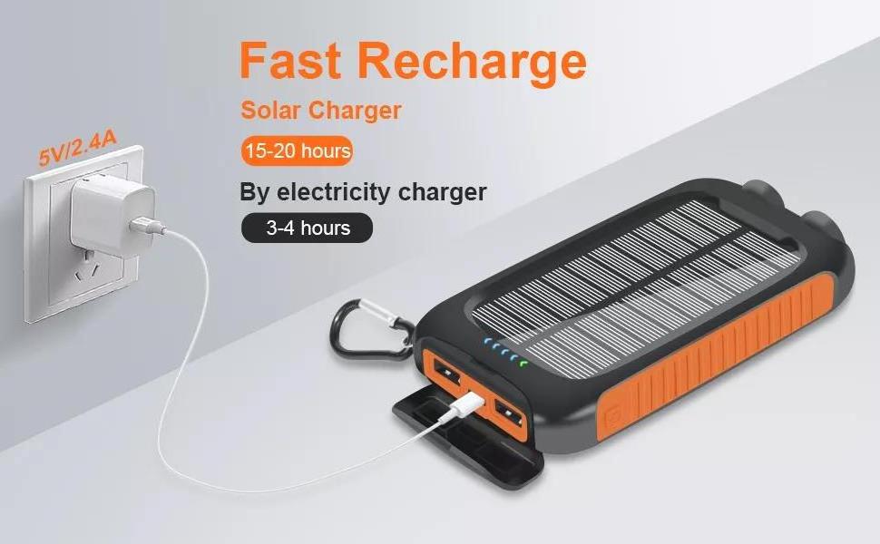 New Solar Power Bank Dual USB Type C Power Bank 20000mAh Waterproof Battery Rechargeable with Solar Panel LED Light SOS