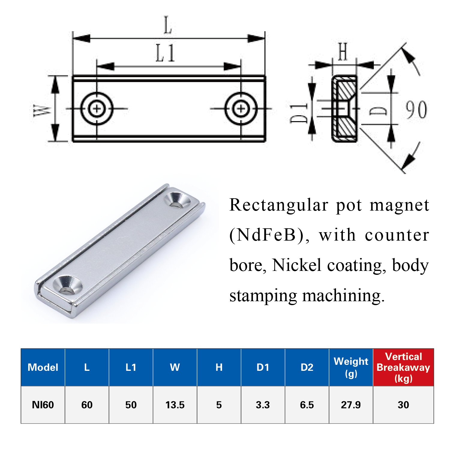 Strong Neodymium Rectangular Bar Pot Magnets with Counter Countersunk Hole