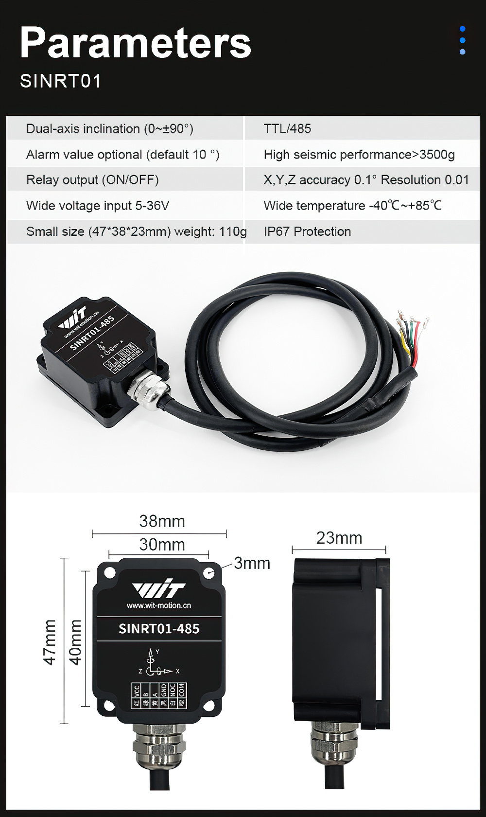 WitMotion SINRT01 Dual-axis High Precision Relay-Output-Type Tilt Switch, Horizontal induction solenoid valve controller, IP67