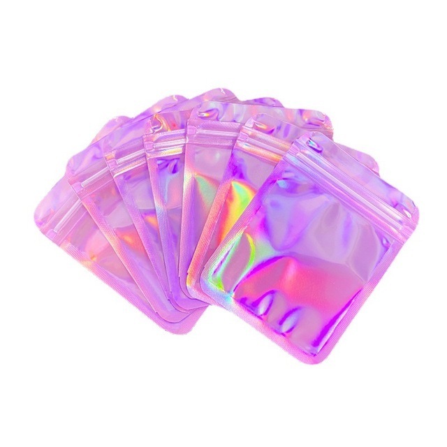 In stock Packaging Resealable Matte Hologram Pouch Plastic Zip Lock With Window Black Holoprahpic Laser Mylar Bags