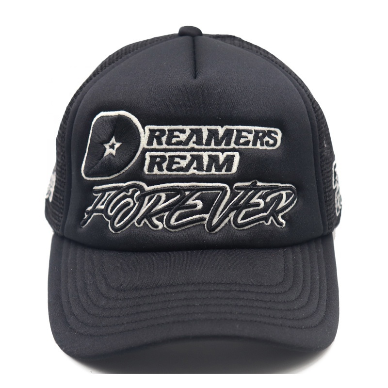 Premium high quality 5 panel black custom logo 3D embroidery foam and mesh trucker hat caps