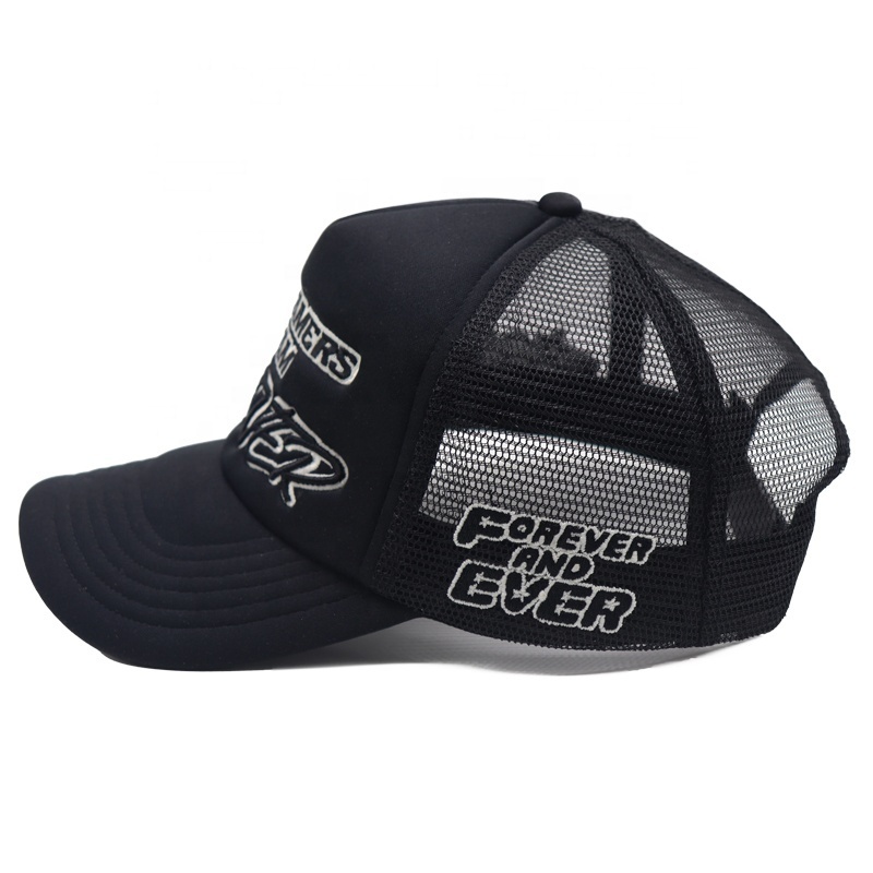 Premium high quality 5 panel black custom logo 3D embroidery foam and mesh trucker hat caps