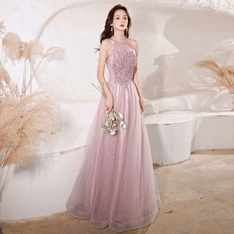 New Design Fancy Elegant Birthday Party Bridesmaid Champagne Summer Tulle Fairy Princessy Sequined Long Modest Evening Dresses