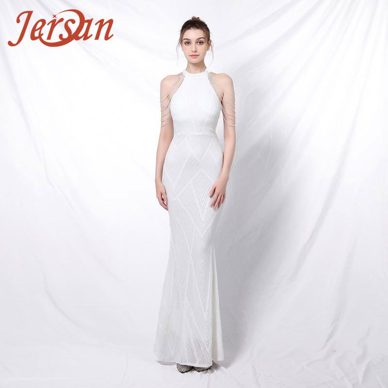 Custom Jersan Oem 18126# Backless Evening Dress Women Party Dress Long Wear Sequin Fabric Cheap Abendkleid Abito Da Sera