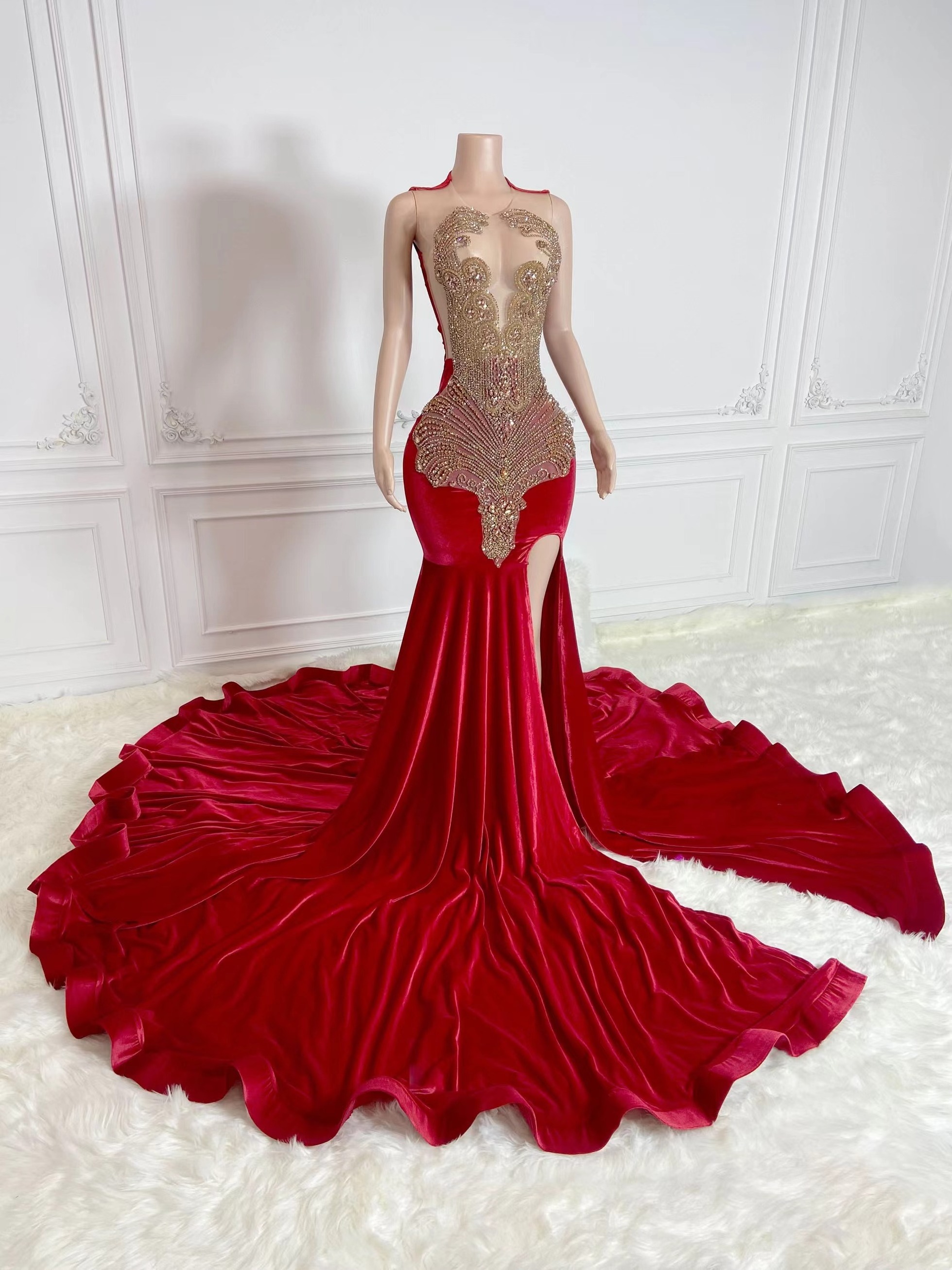 2024 Vestido High Split Red Prom Dresses 2024 Evening Gowns Sexy Ball Gown Rhinestone Dress Woman Bling Sexy Party Dresses