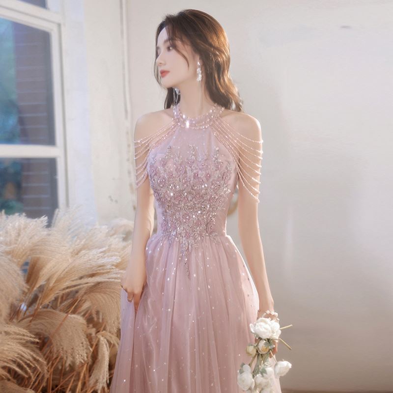 New Design Fancy Elegant Birthday Party Bridesmaid Champagne Summer Tulle Fairy Princessy Sequined Long Modest Evening Dresses