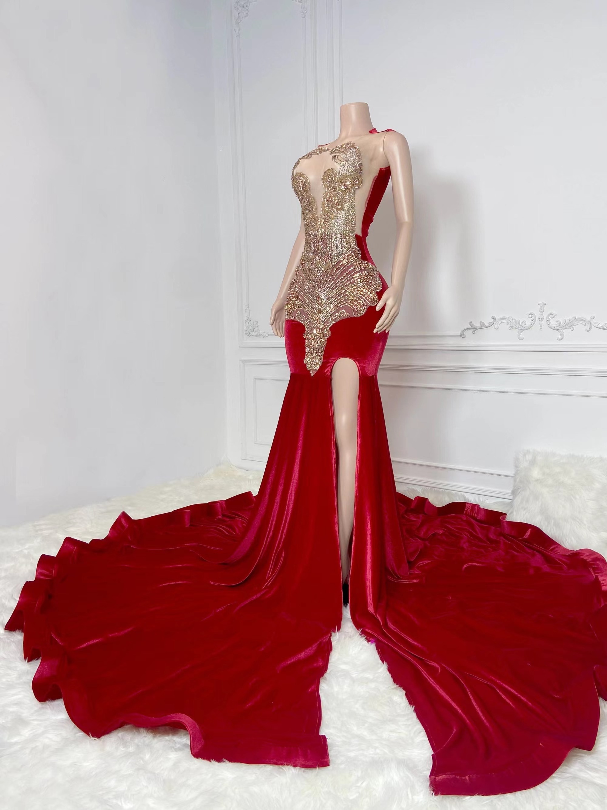 2024 Vestido High Split Red Prom Dresses 2024 Evening Gowns Sexy Ball Gown Rhinestone Dress Woman Bling Sexy Party Dresses