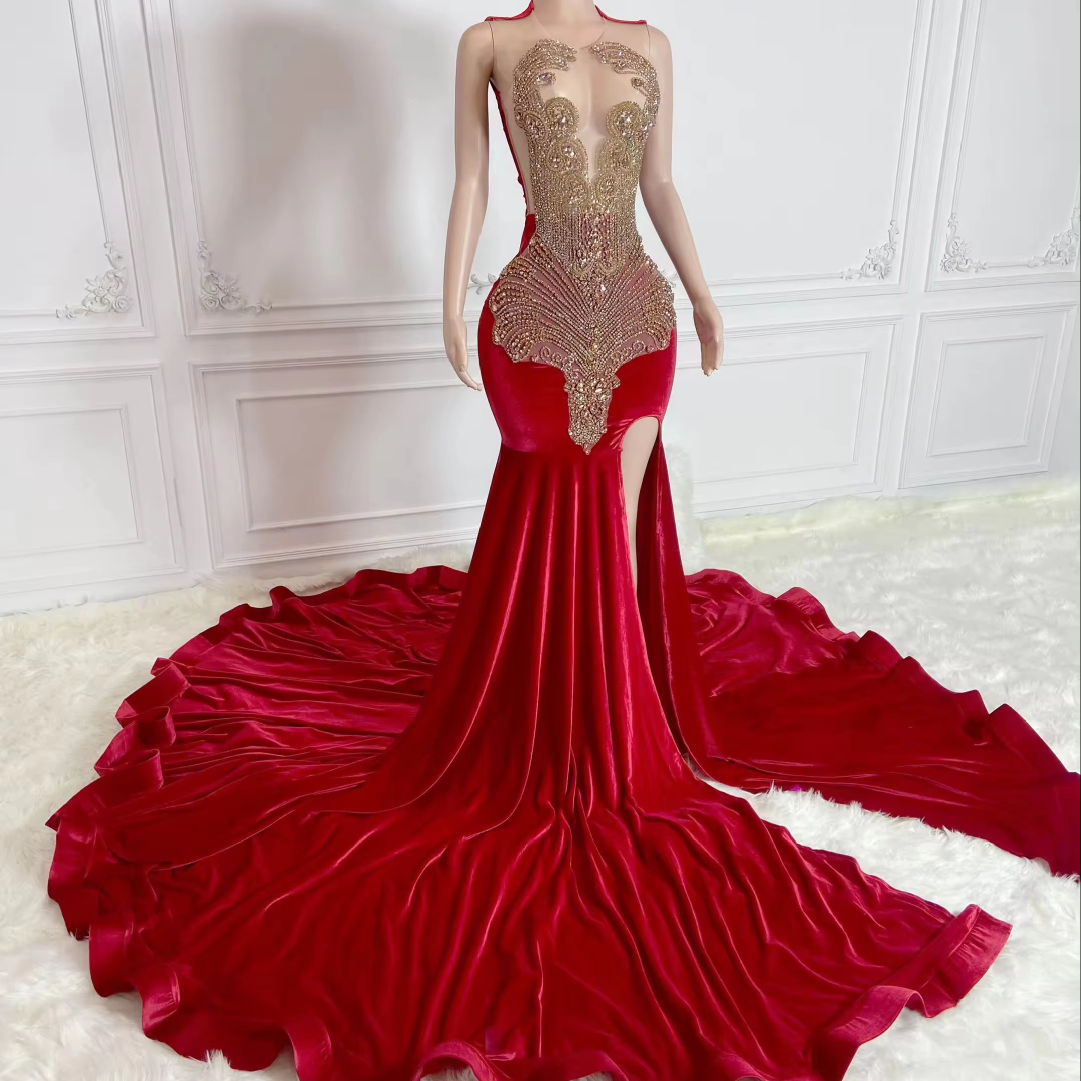 2024 Vestido High Split Red Prom Dresses 2024 Evening Gowns Sexy Ball Gown Rhinestone Dress Woman Bling Sexy Party Dresses