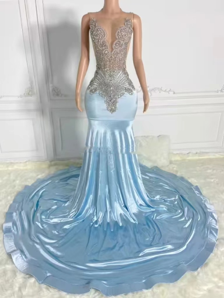 Sky Blue Ball Gown Prom Dresses Black Girls Evening Gowns Sexy Rhinestone Mermaid Wedding Dress Bridal Party Maxi Dress