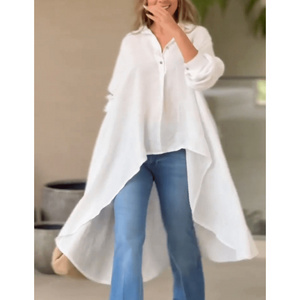 European&American women's solid color blouse new loose casual lapel front short back long irregular long-sleeved shirt for women