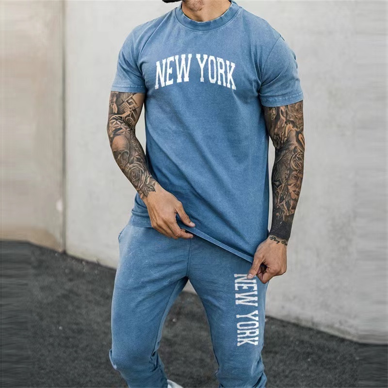 Summer hot sale suits fashion casual loose printed plus size two pieces sets short sleeve long pants street outfit men clothing