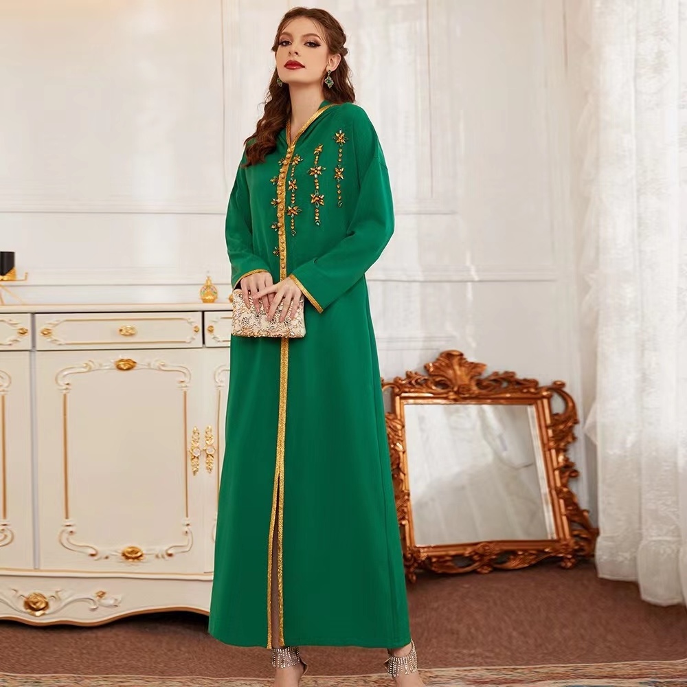 2022 Muslim high quality green long sleeve hand made rhinestone elegant casual hooded dress womens abaya kaftan style robe