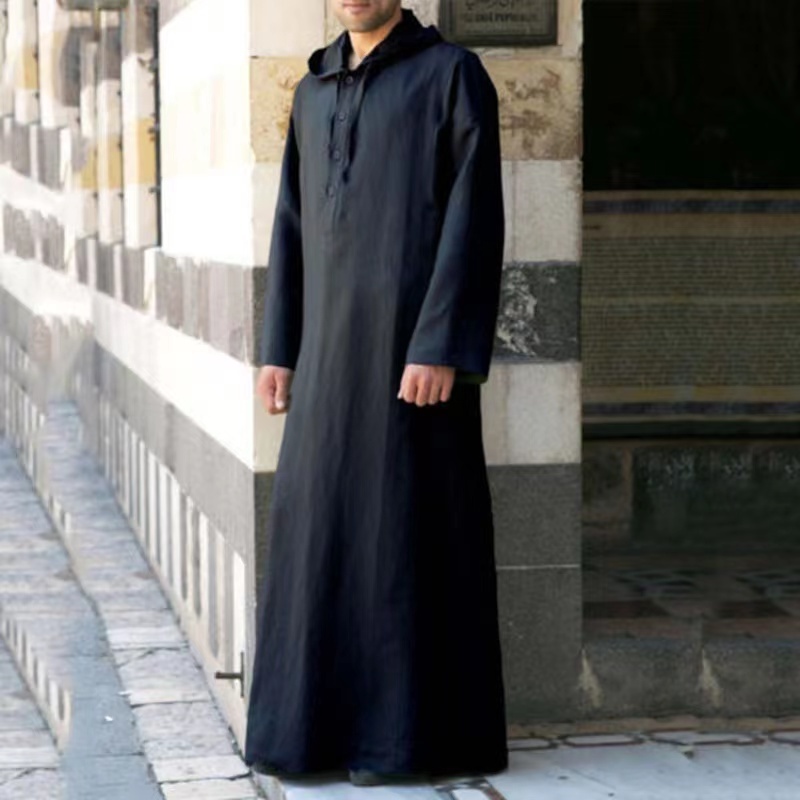 Arab hot sale Muslim casual loose solid color hooded robe daffah abaya thobes ramadan plus size men long shirt Islamic clothing