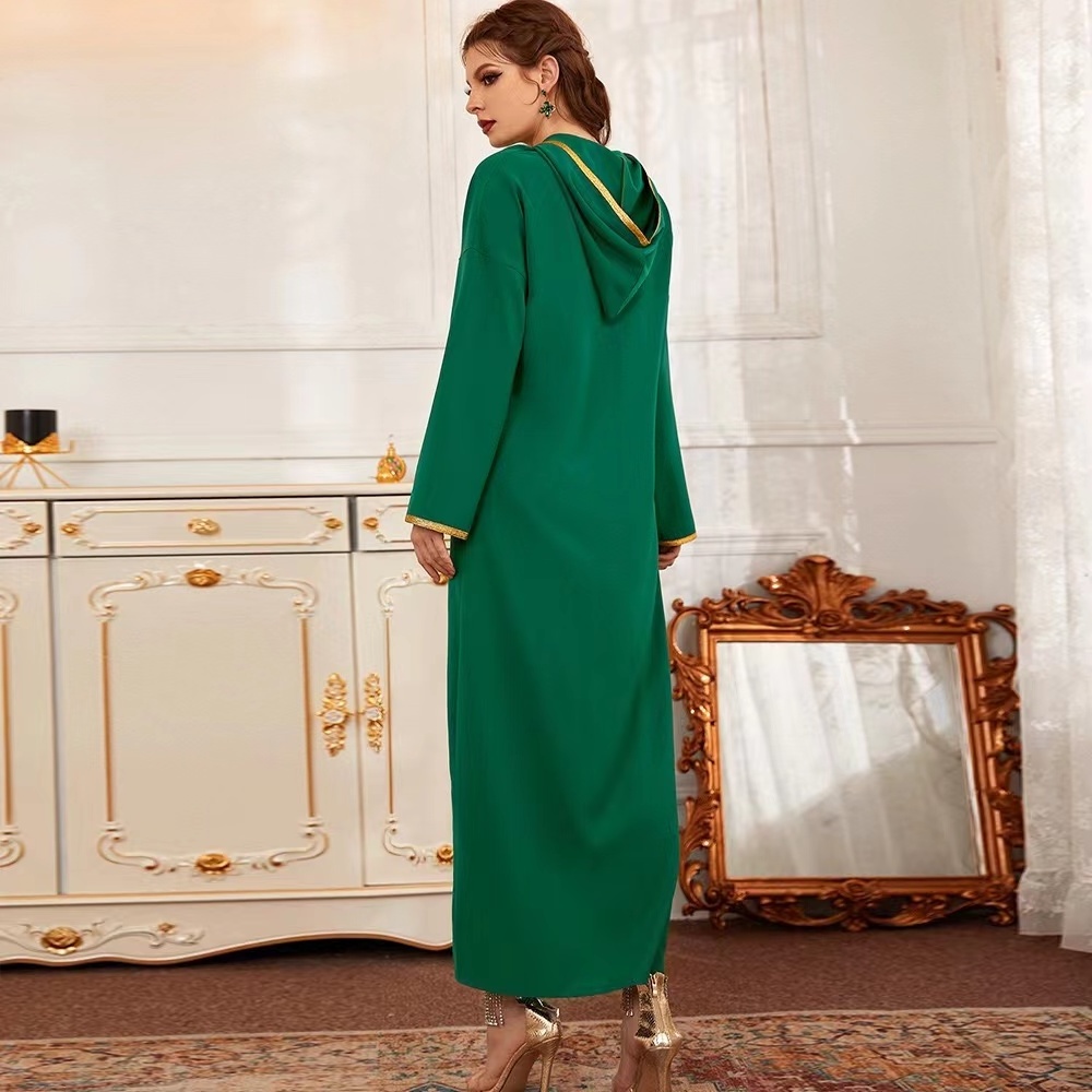 2022 Muslim high quality green long sleeve hand made rhinestone elegant casual hooded dress womens abaya kaftan style robe