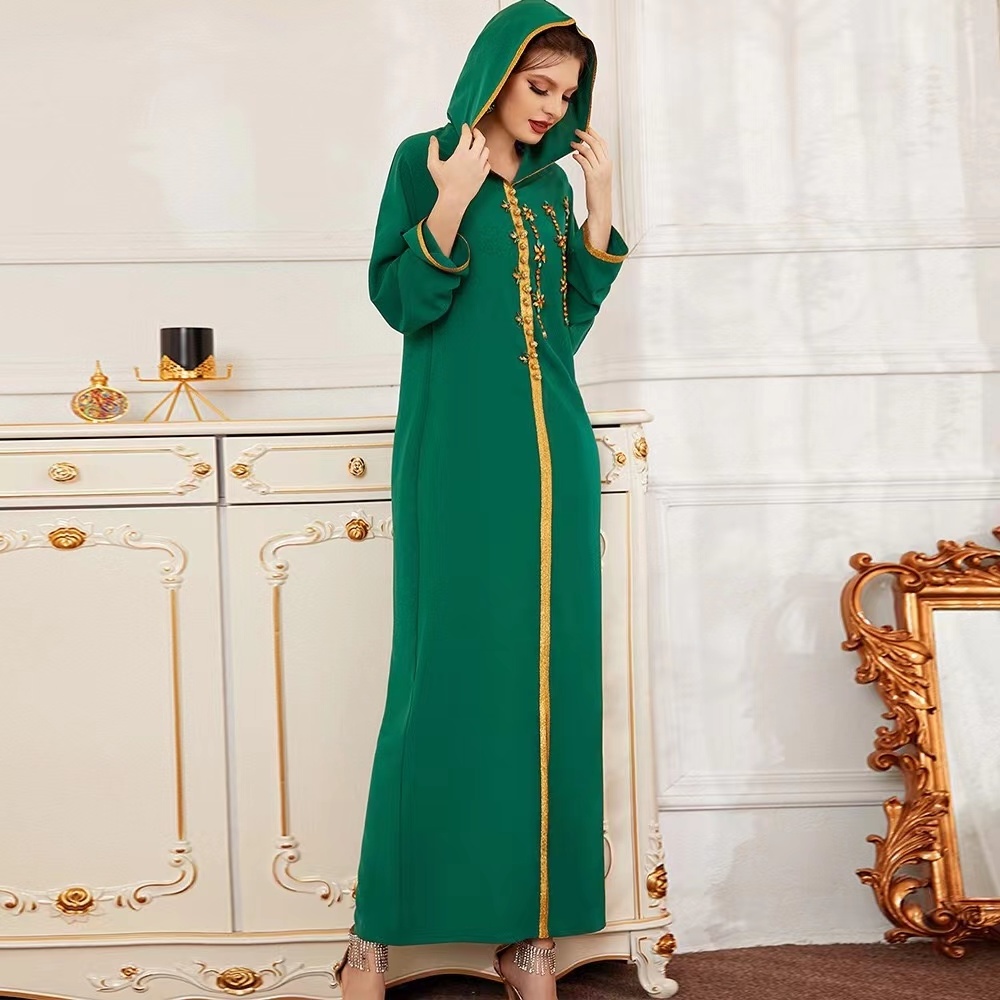 2022 Muslim high quality green long sleeve hand made rhinestone elegant casual hooded dress womens abaya kaftan style robe