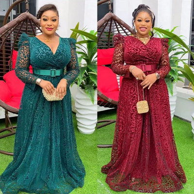 African Muslim Turkey women long sleeves mesh casual dresses ladies plus size sexy V neck puff shoulder embroidered long gown BestSuppliers