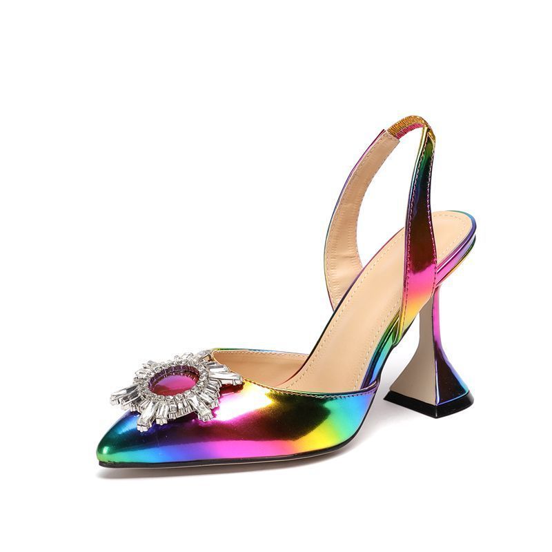 2021 New Rainbow Color Pointed Rhinestone Sunflower Super High Heel Women's Plus Size Sandals