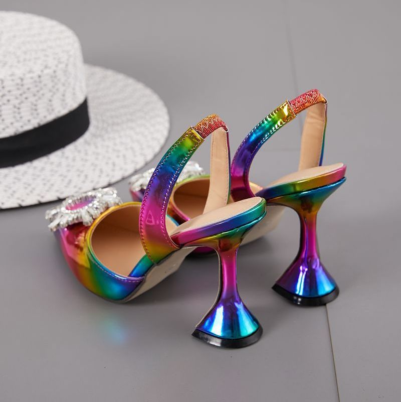 2021 New Rainbow Color Pointed Rhinestone Sunflower Super High Heel Women's Plus Size Sandals