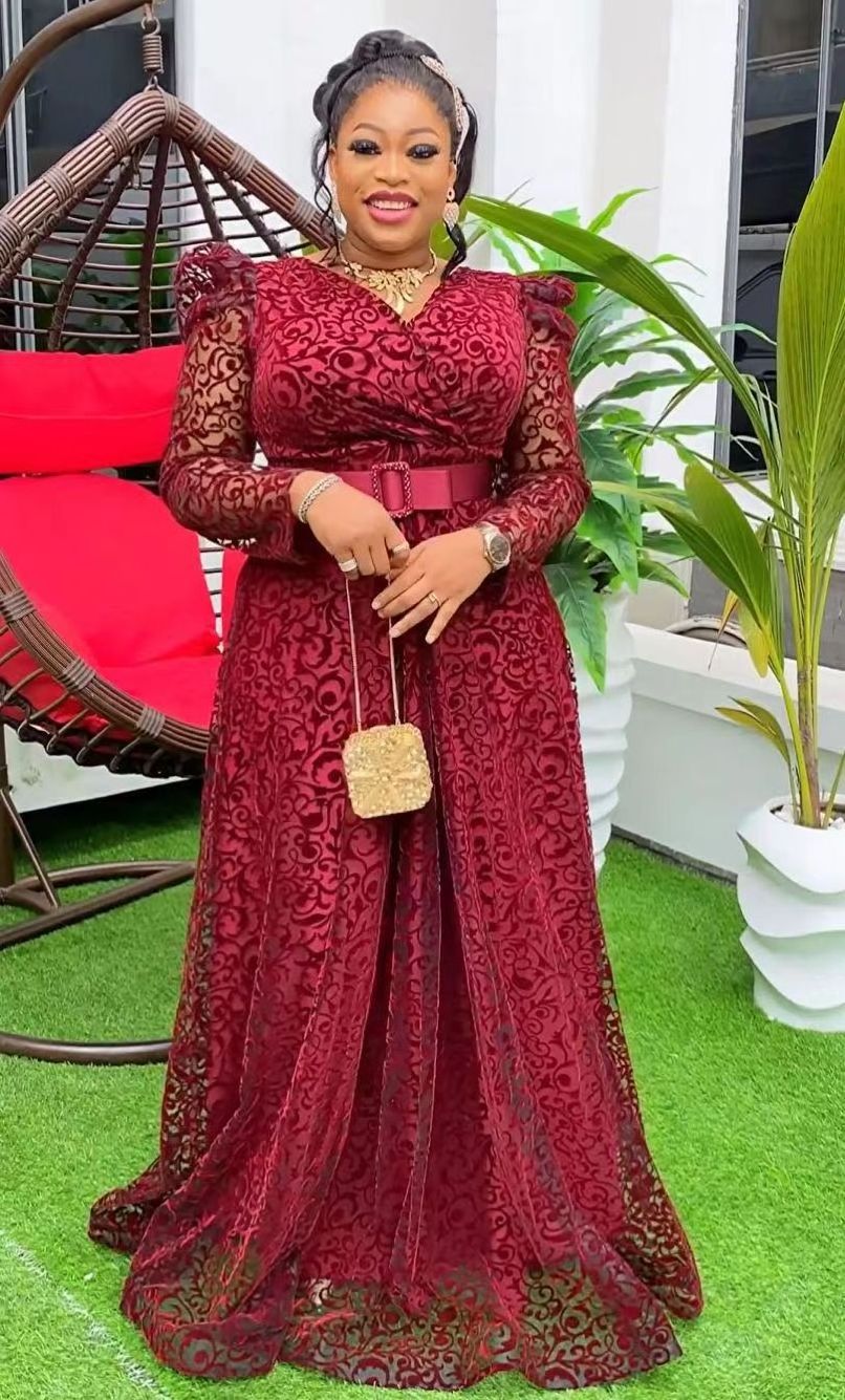 African Muslim Turkey women long sleeves mesh casual dresses ladies plus size sexy V neck puff shoulder embroidered long gown