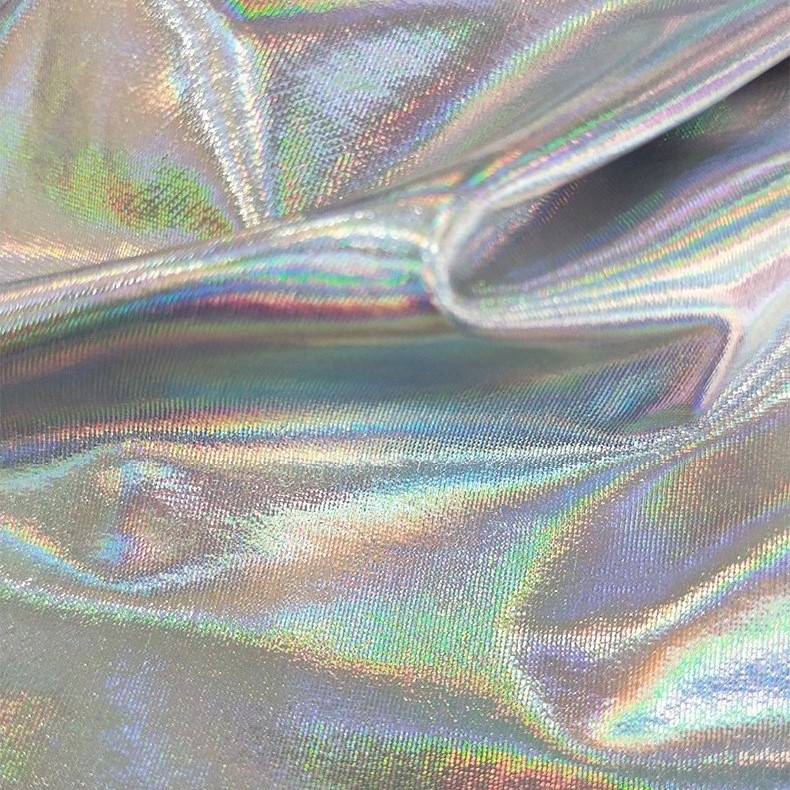 Colorful reflective hologram printed attractive clothes material 4 way stretch fabric