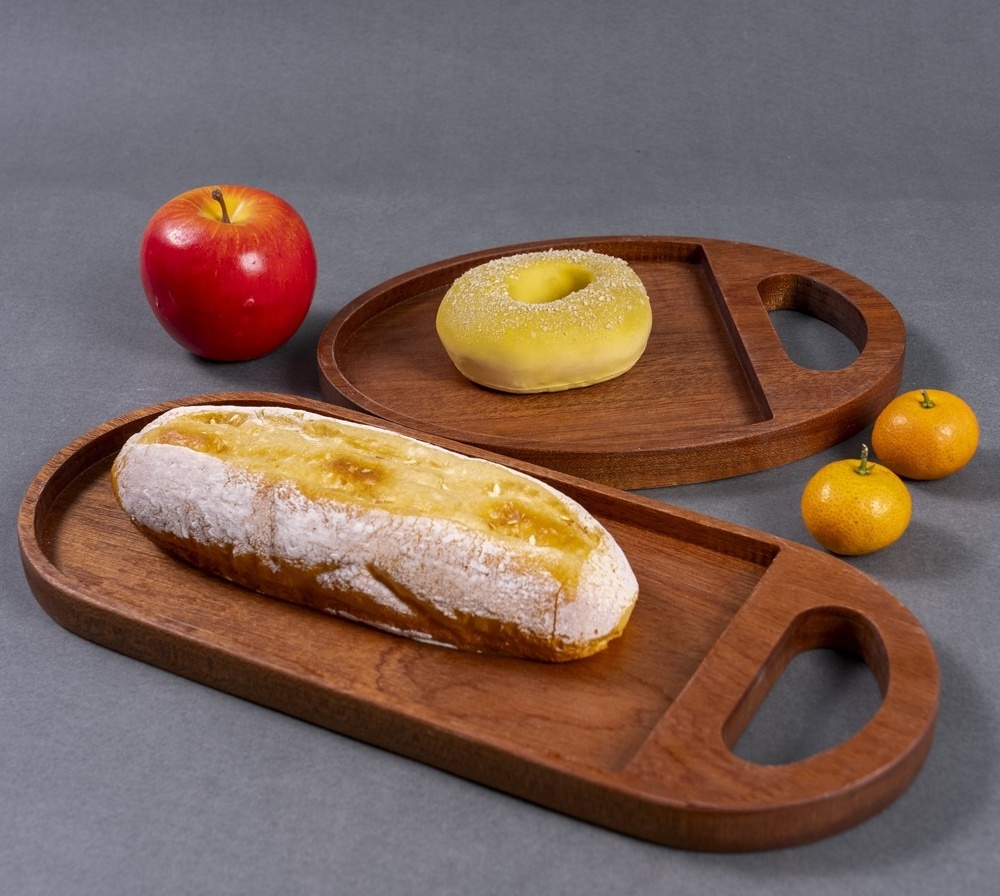 2024 Ebony wood tray with round shape tray walnut fruit bread tray handle with hole can be hung