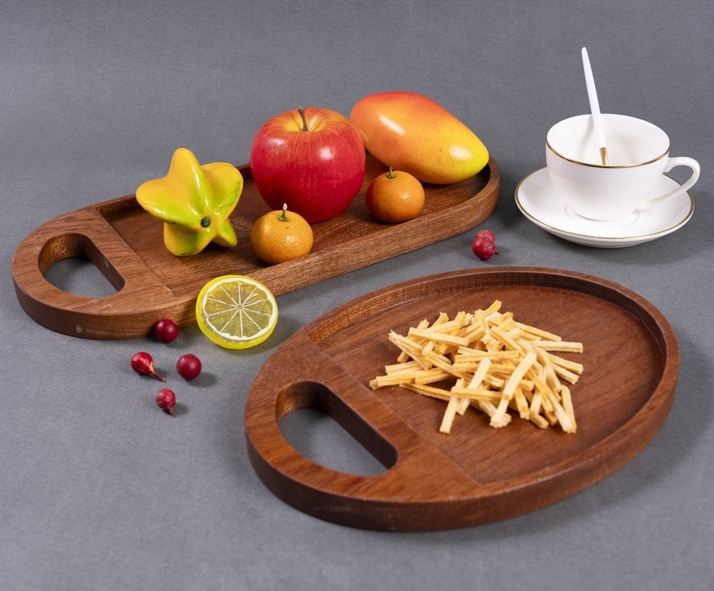 2024 Ebony wood tray with round shape tray walnut fruit bread tray handle with hole can be hung