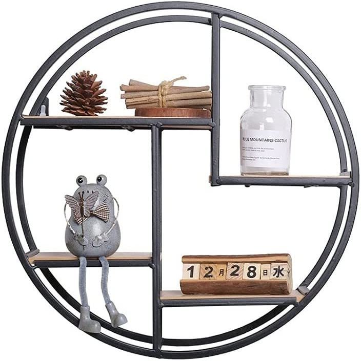 Retro Round Wooden Shelf Metal Wall Hanging Shelf Office Sundries Art Storage Rack Home Wooden Decorative Craft Holder Racks