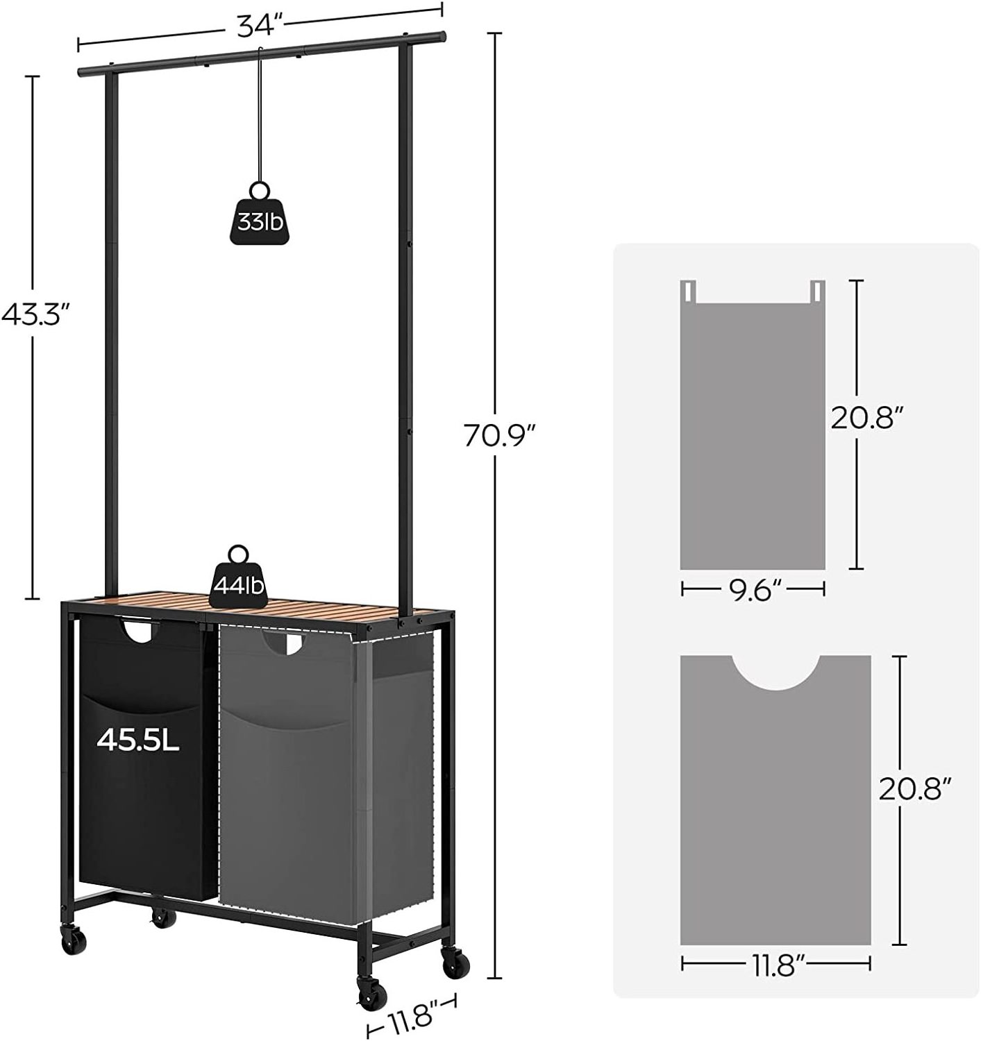 Laundry hamper, Rolling Laundry Cart with Hanging Bar, Laundry Hamper 2-Section with Wheels Hampers for Laundry