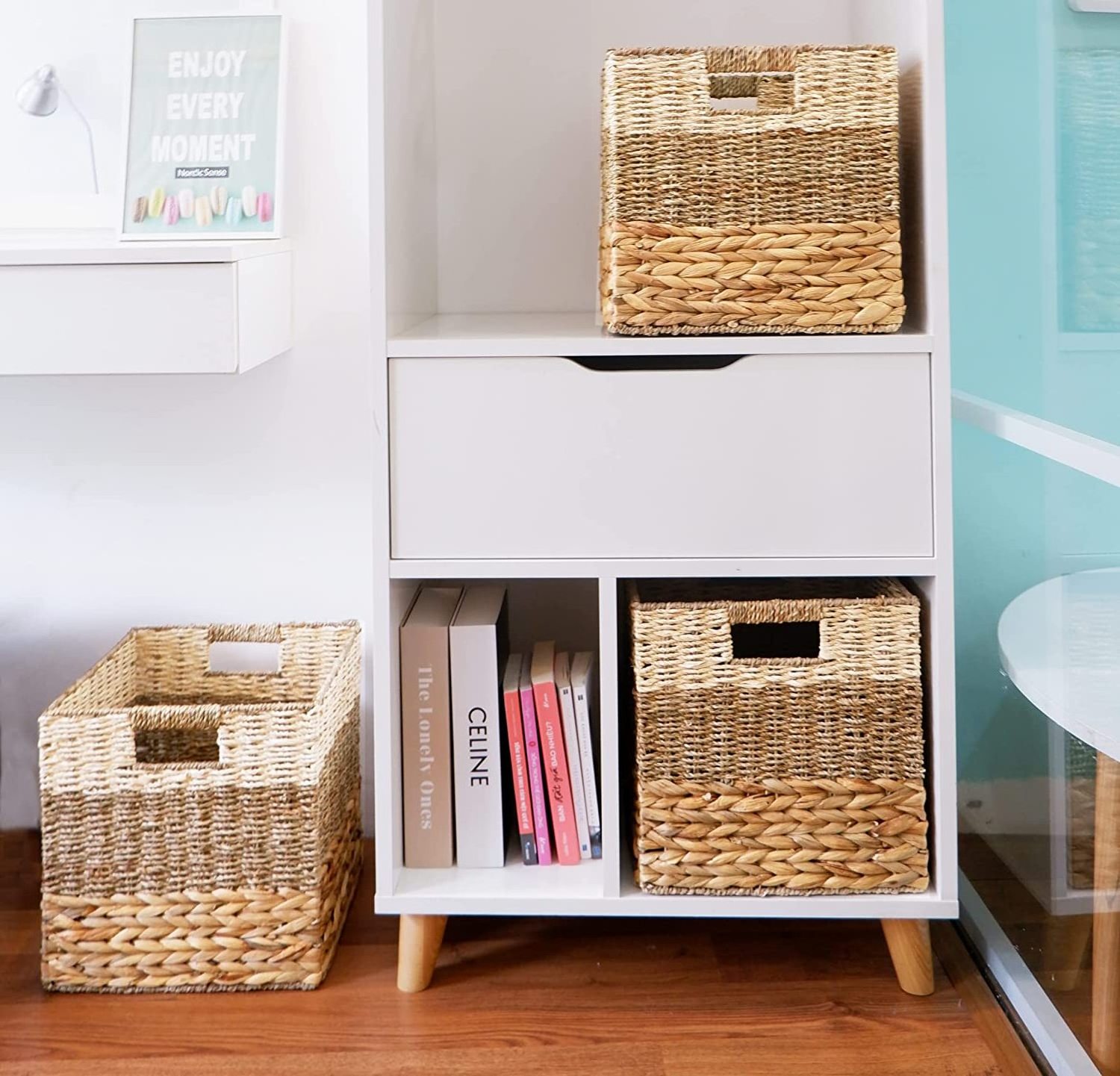 Wicker Storage Cubes, Storage Baskets for Shelves Foldable Rattan Square Basket Bins Closet Shelf Organizer Cubbies with Handles