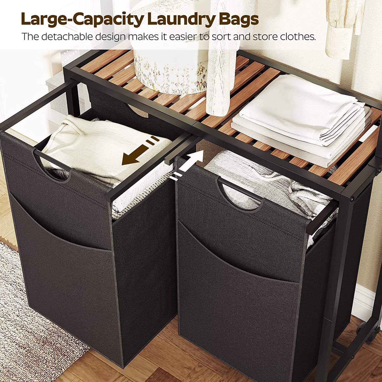 Laundry hamper, Rolling Laundry Cart with Hanging Bar, Laundry Hamper 2-Section with Wheels Hampers for Laundry