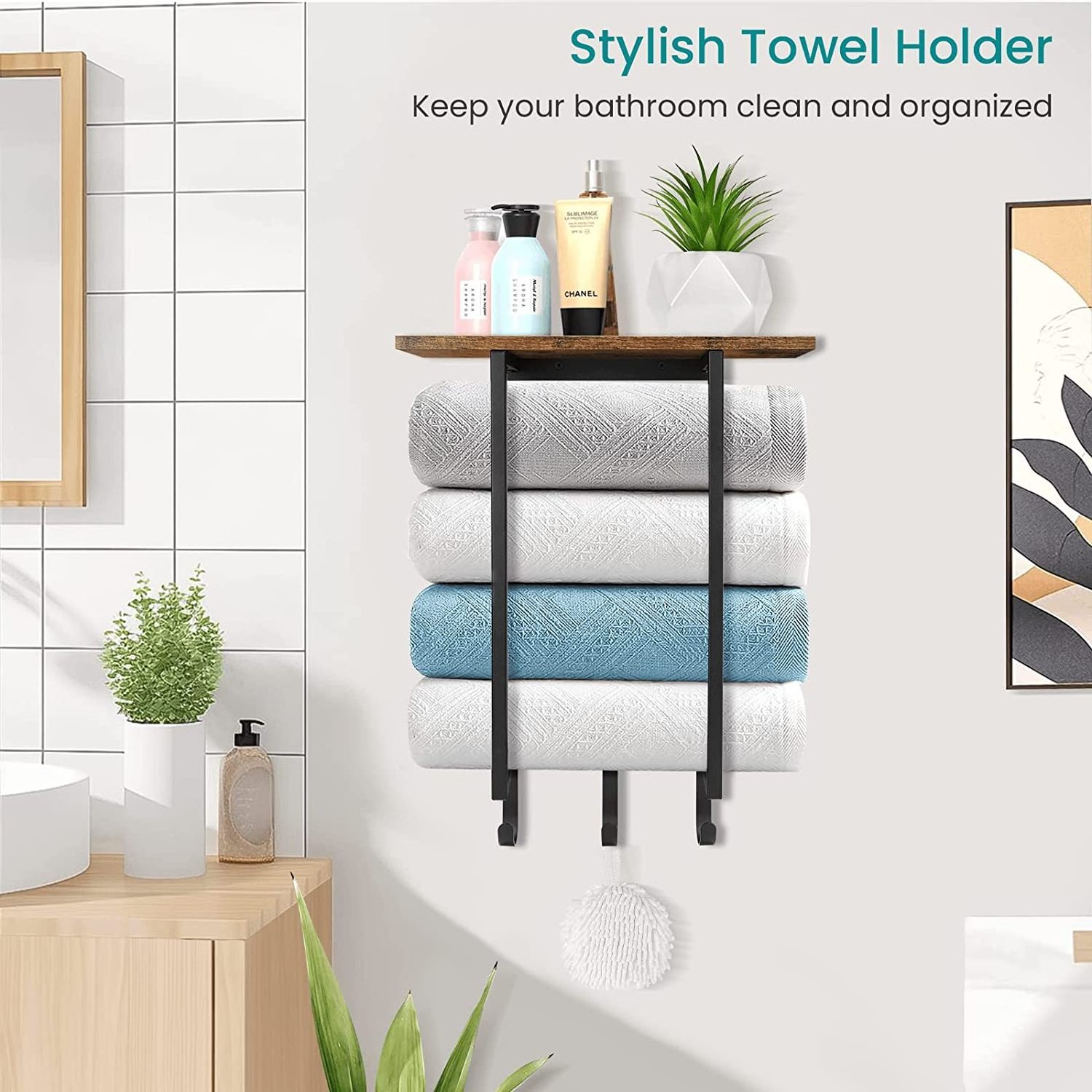 Towel Racks for Bathroom Wall Mounted, Towel Holder with Wooden Shelf and 3 Hooks for Washcloths Hand, Bath Towel Storage